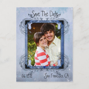 Lavendelblauer Vintager Grunge-BlumenFoto retten Ankündigungspostkarte