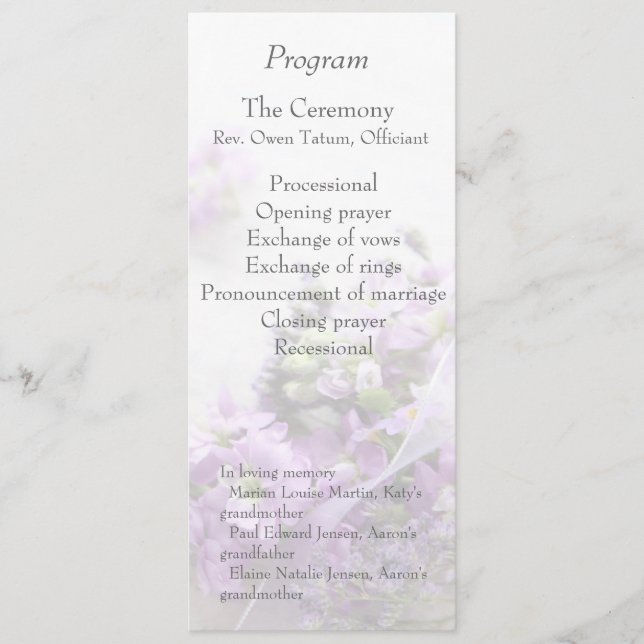 Lavendelfarbene Blume verblassen Hochzeitsprogramm Programm (Vorderseite)