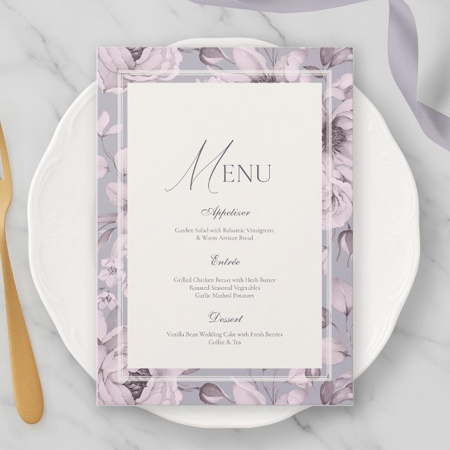 Lavendelgraues Blumenhochzeitsmenü Einladung (Von Creator hochgeladen)
