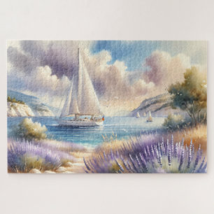 Lavendelküste-Segelboot-Aquarellszene Puzzle