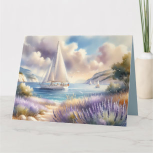 Lavendelküste-Segelboot-Wasserfarbszene Karte