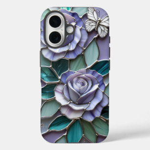 Lavendelrosen mit Schmetterlingen in Buntglas iPhone 16 Hülle