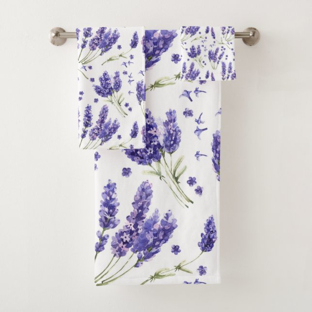 Lavendelwatercolor-Blumen-Muster Badhandtuch Set (Insitu)