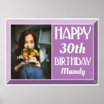 Lavender 30th Art Deco Birthday Photo Poster<br><div class="desc">Decorate your party with this Lavender 30th Art Deco Birthday Photo Poster. Customize with the age,  name and favorite photo of the birthday person. It features a modern art deco font with a stylish beveled border.</div>