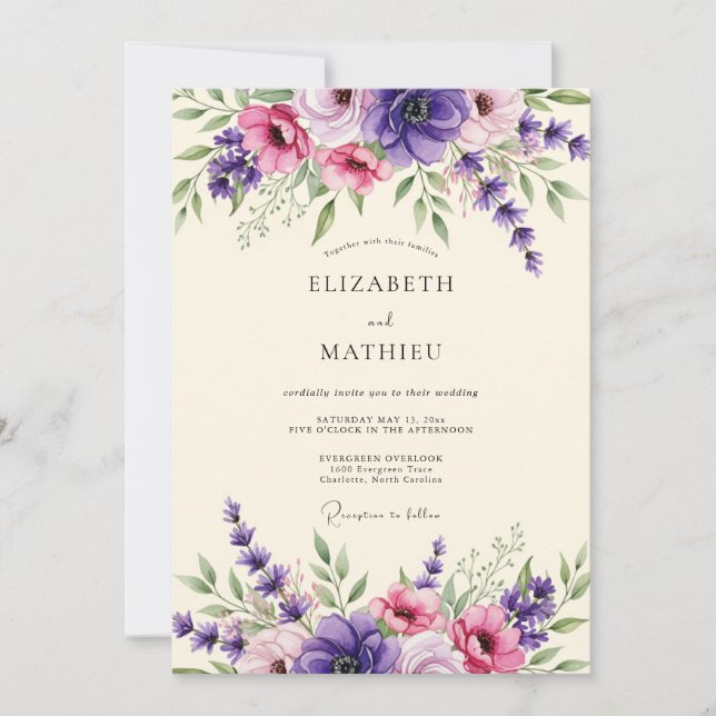 Lavender Amethyst Bloom Wedding Einladung (Vorderseite)