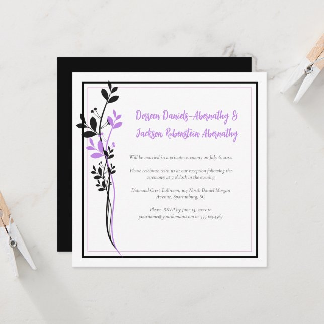 Lavender and Black Floral Reception Only | Einladung (Vorderseite/Rückseite Beispiel)