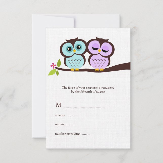Lavender and Mint Owls Wedding RSVP Karte (Vorderseite)