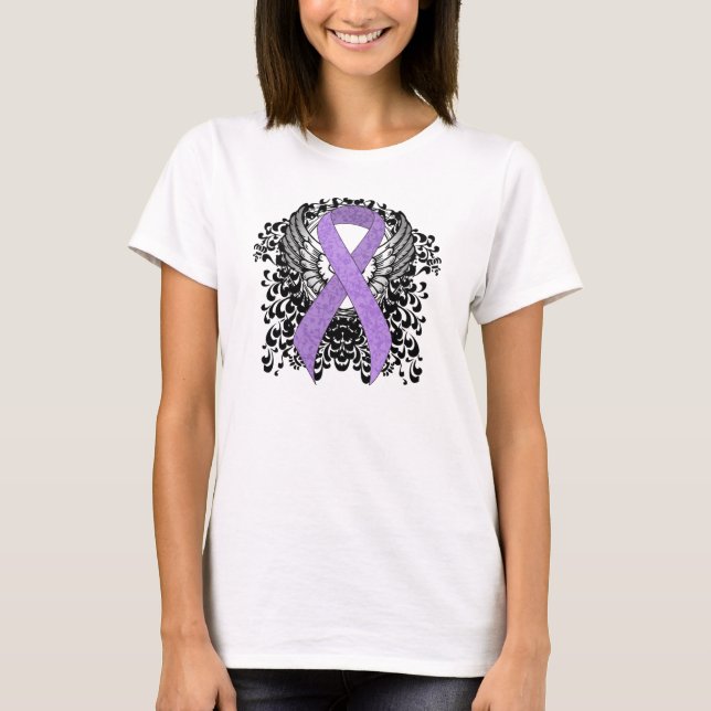 Lavender Awareness Ribbon mit Flügeln T-Shirt (Vorderseite)