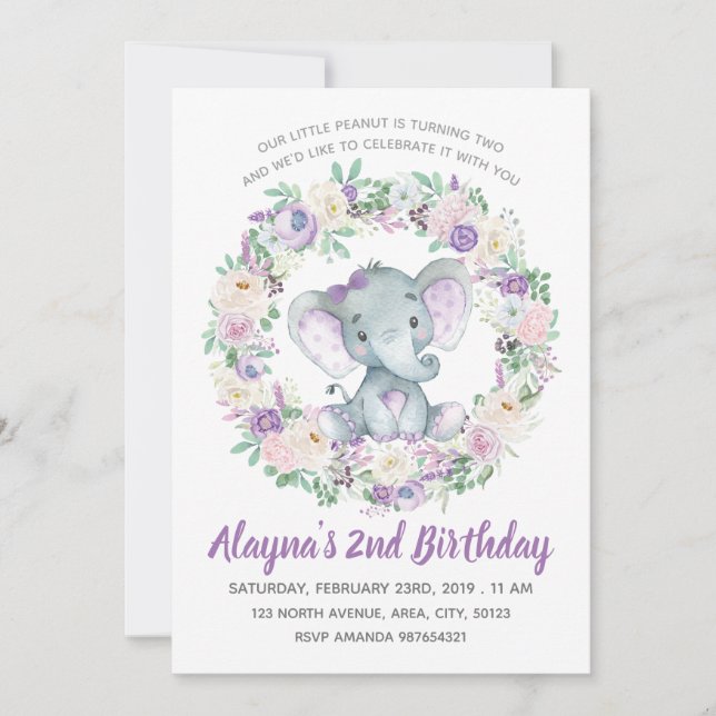 Lavender Baby Elephant Einladung zum Geburtstag (Vorderseite)
