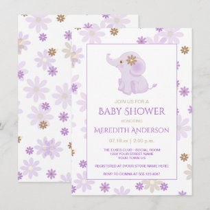 Lavender Baby Elephant Floral Baby Dusche Einladung