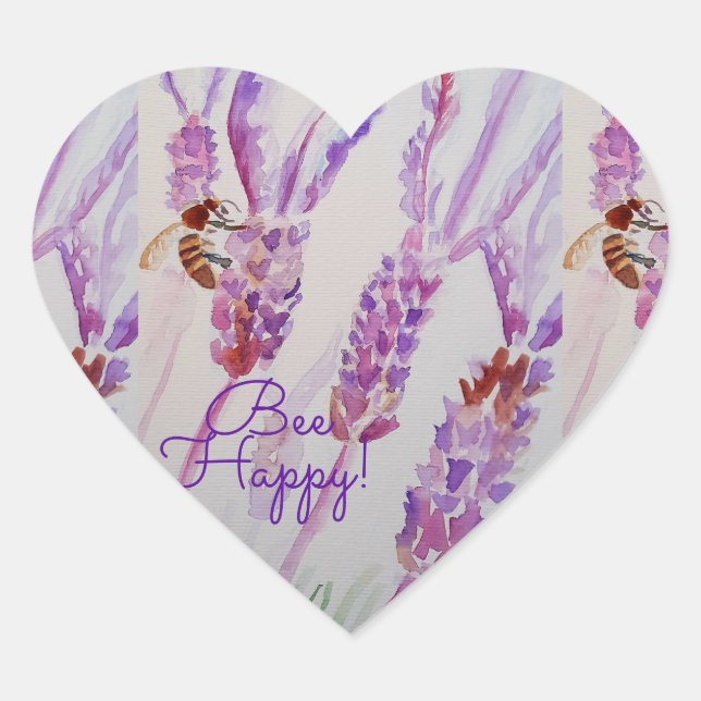 Lavender Bee Happy Herb Watercolor Blume Herz-Aufkleber (Vorderseite)