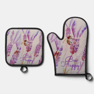 Lavender Bee Happy Herb Watercolor Blume Ofenhandschuh & Topflappen-Set