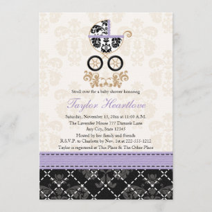 LAVENDER BLACK DAMASK BABY CARRIAGE BABY SHOWER EINLADUNG