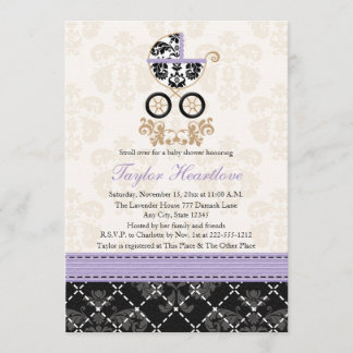 LAVENDER BLACK DAMASK BABY CARRIAGE BABY SHOWER EINLADUNG
