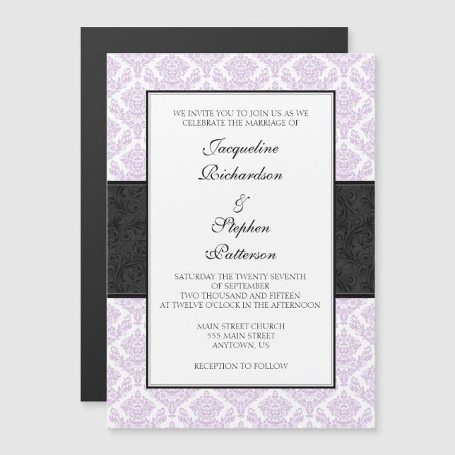 Lavender Black Damask Magnetic Wedites Magneteinladung (Vorne/Hinten)