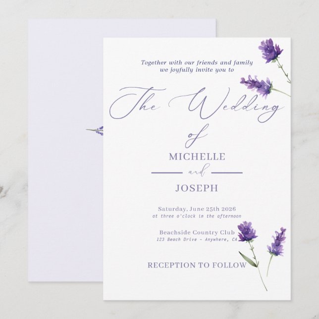Lavender Bliss Elegante Hochzeit im Wasserfarbenbe Ankündigung (Vorne/Hinten)