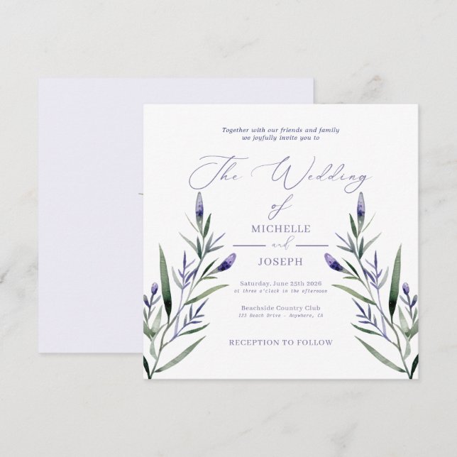 Lavender Bliss Elegante Hochzeit im Wasserfarbenbe Einladung (Vorne/Hinten)