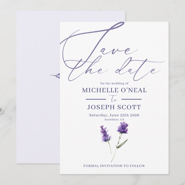 Lavender Bliss Elegante Hochzeit im Wasserfarbenbe Save The Date (Vorne/Hinten)