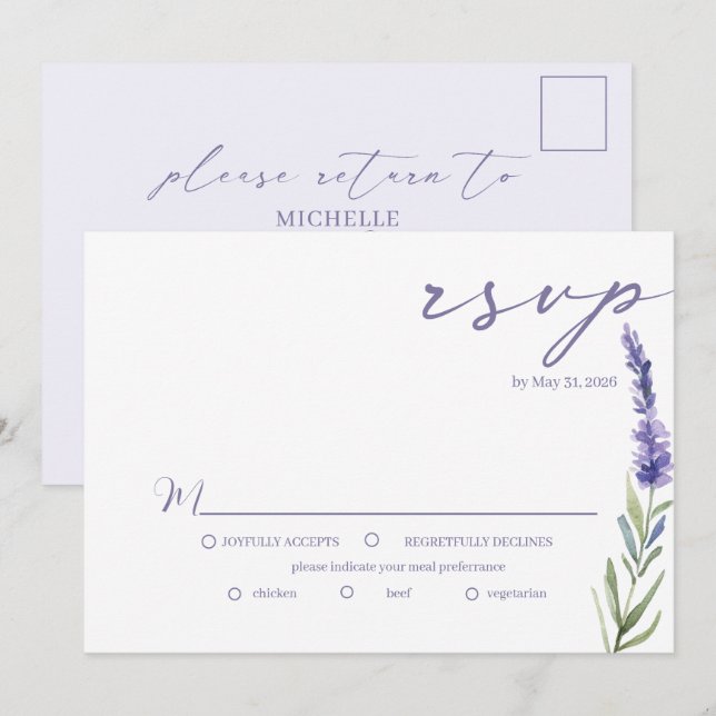 Lavender Bliss Elegante Watercolor Wedding RSVP Einladung (Vorne/Hinten)