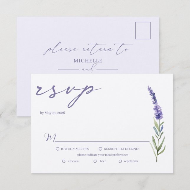 Lavender Bliss Elegante Watercolor Wedding RSVP Karte (Vorne/Hinten)