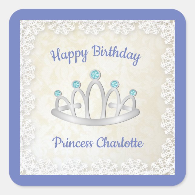 Lavender Blue Princess Tiara Birthday Party Quadratischer Aufkleber (Vorderseite)