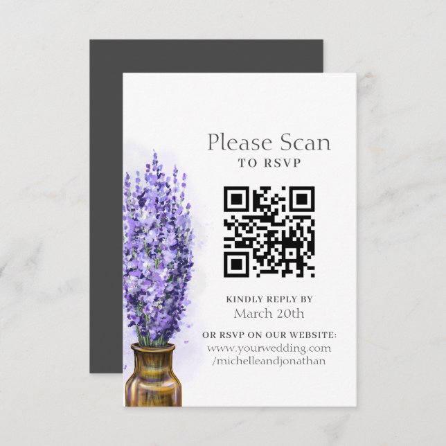 Lavender Blume Moderner QR-Code für Blumenhochzeit RSVP Karte (Vorne/Hinten)