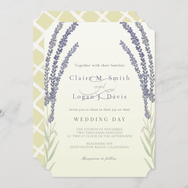 Lavender Blume Sprigs Gelbe Hochzeit Einladung (Vorne/Hinten)