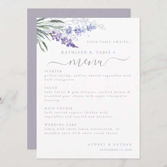 Lavender Blume Tischnummer Wedding Menu (Vorne/Hinten)