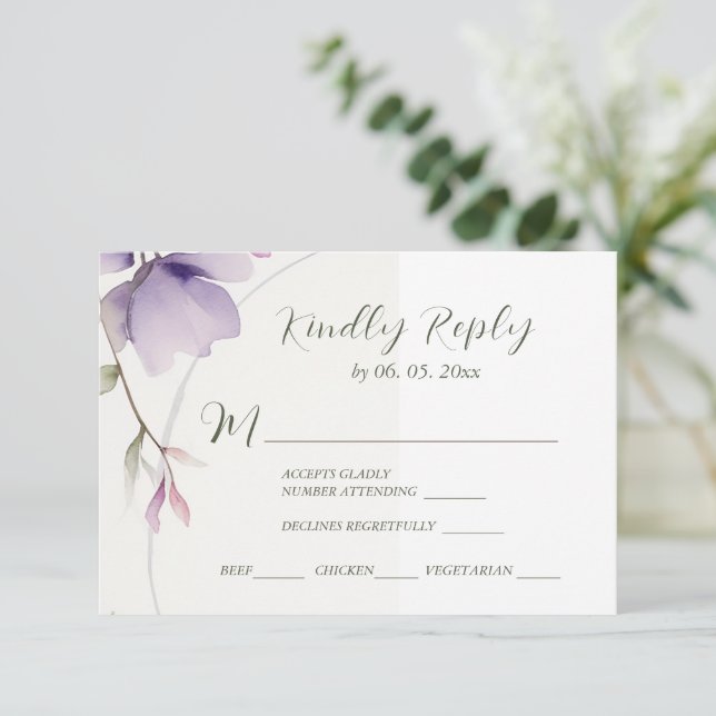 Lavender Blume Wasserfarbene Hochzeitsmahlzeiten RSVP Karte (Stehend Vorderseite)