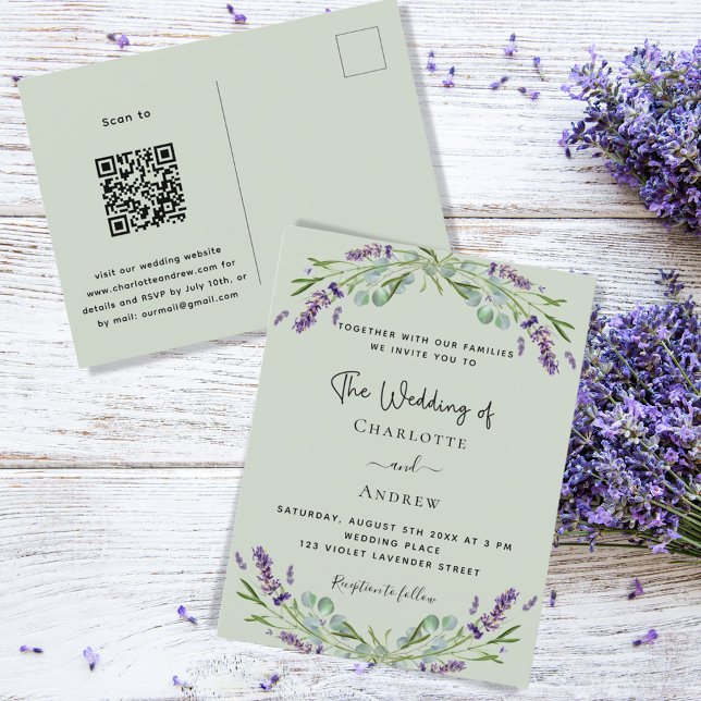 Lavender Blumengrün Salbei QR Hochzeit Einladungspostkarte (Von Creator hochgeladen)