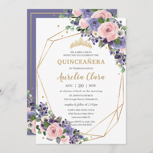 Lavender Blush Bloral Geometric 16. Quinceañera Einladung (Vorne/Hinten)