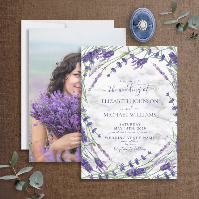 Lavender Botanical Frame Marmor Foto Hochzeit Einladung (Von Creator hochgeladen)
