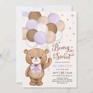 Lavender Brown Teddy Bear mit Balloons Geburtstag Einladung