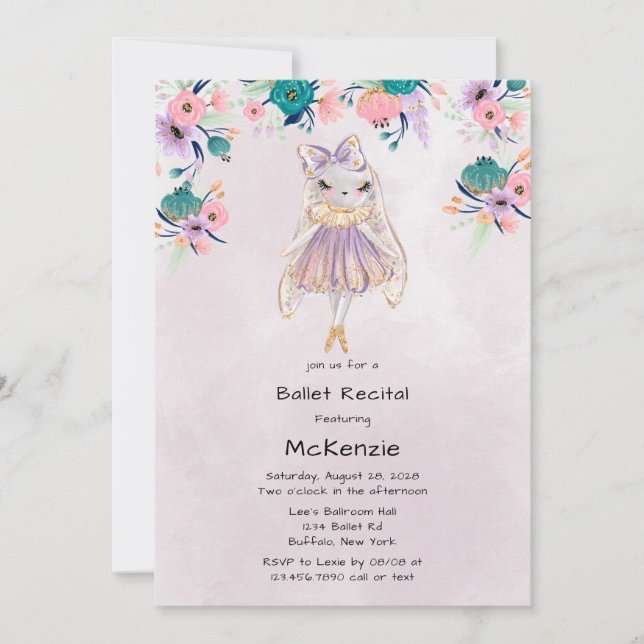 Lavender Bunny Rabbit Ballerina Ballerina Erwägung Einladung (Vorderseite)