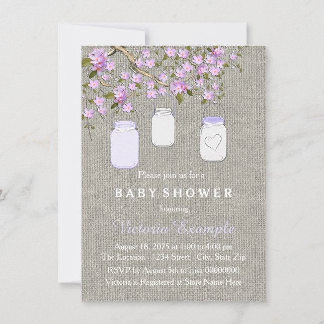 Lavender Burlap Mason Jar Baby Shower Einladung (Vorderseite)