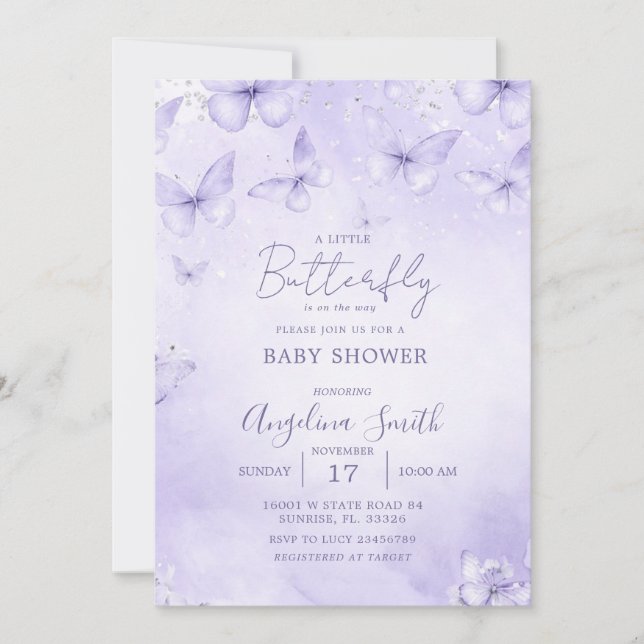 Lavender Butterfly Baby Shower Invitation Girl Einladung (Vorderseite)
