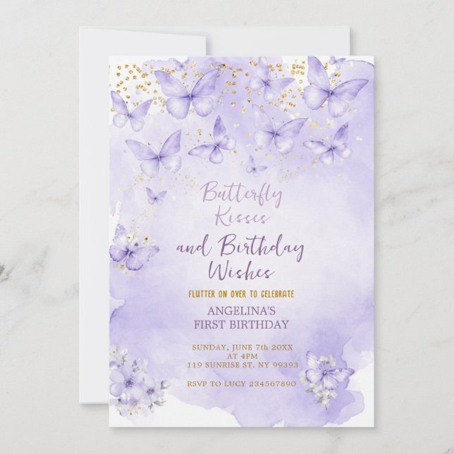 Lavender Butterfly First Birthday Invitation Einladung (Vorderseite)