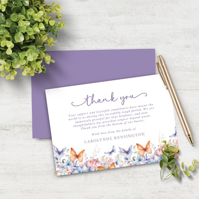 Lavender Butterfly Floral Beileid Vielen Dank Dankeskarte (Lavender Butterfly Floral Sympathy Thank You Note Card)