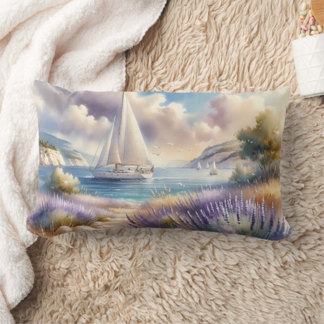 Lavender Coast Sailboat Wasserfarbe Szene Lendenkissen (Decke)