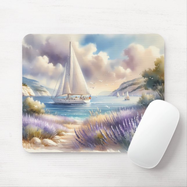 Lavender Coast Sailboat Wasserfarbe Szene Mousepad (Mit Mouse)