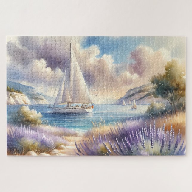 Lavender Coast Sailboat Wasserfarbe Szene Puzzle (Horizontal)