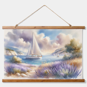 Lavender Coast Sailboat Wasserfarbe Szene Wandteppich Mit Holzrahmen