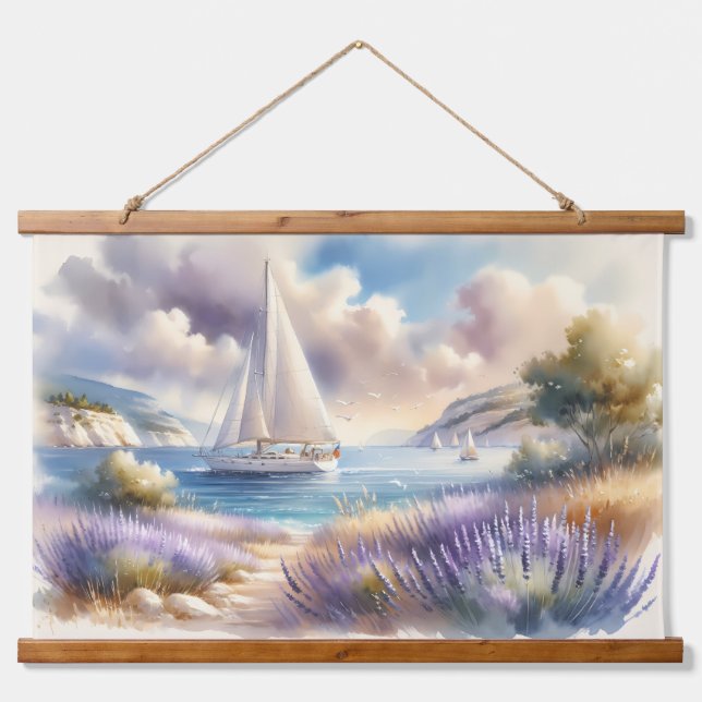 Lavender Coast Sailboat Wasserfarbe Szene Wandteppich Mit Holzrahmen (Vorne)