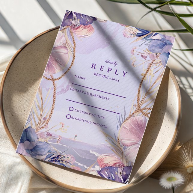 Lavender Coastal Seashell Rope Wedding RSVP Karte (Von Creator hochgeladen)