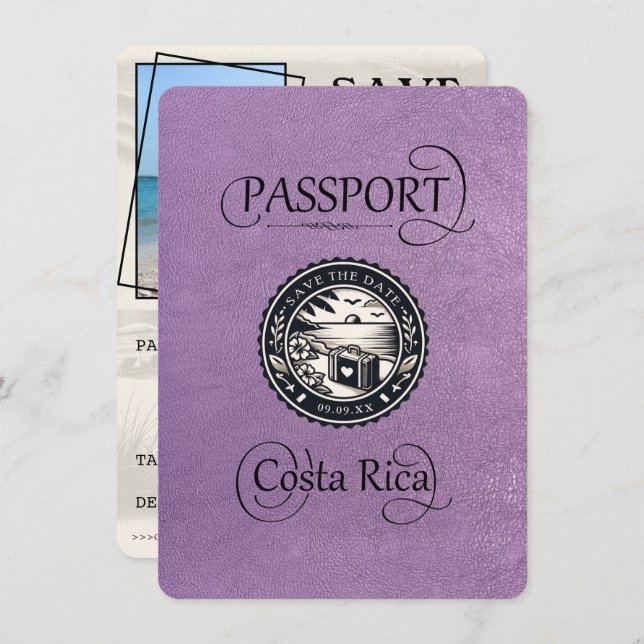 Lavender Costa Rica Passport Save The Date (Vorne/Hinten)