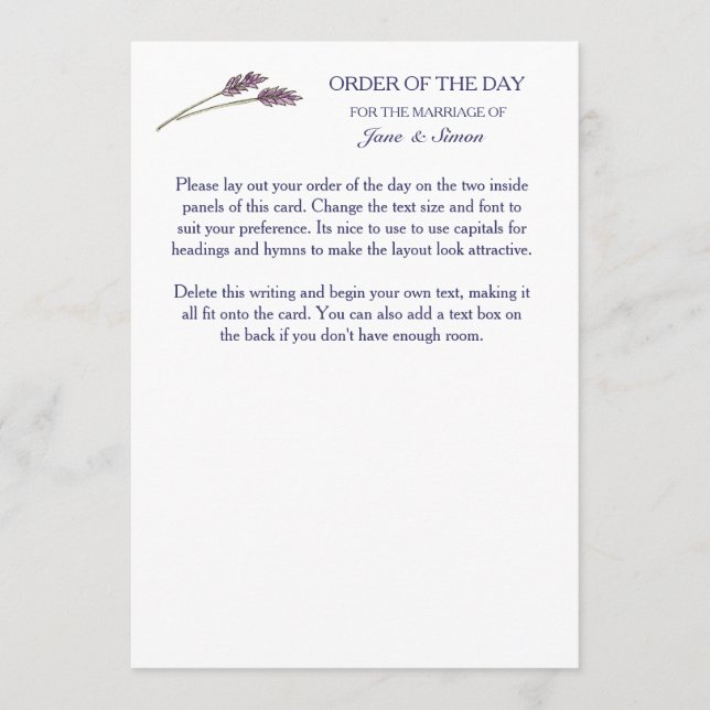 Lavender Country Garden Wedding - Orden of the Day Programm (Vorderseite)