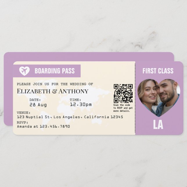 Lavender & Cream Boarding Pass Wedding Einladung (Vorne/Hinten)