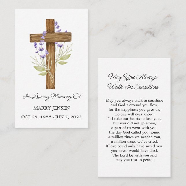 Lavender Cross Memorial Funeral Prayer Card Visitenkarte (Vorne/Hinten)