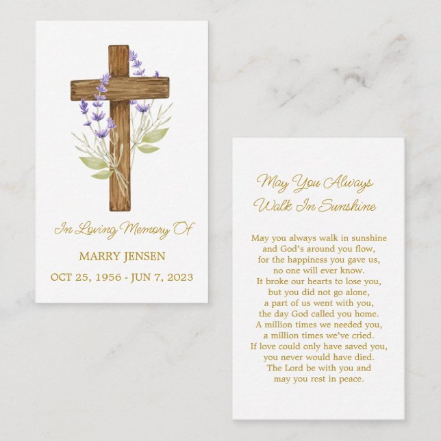 Lavender Cross Memorial Funeral Prayer Card Visitenkarte (Vorne/Hinten)