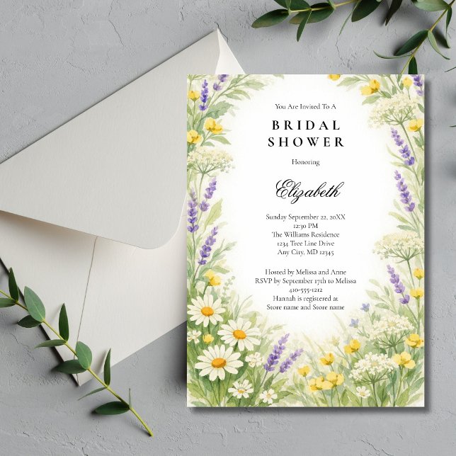 Lavender Daises Wildflowers Greenery Bridal Shower Einladung (Wildflowers ( Lavender, Daises ) Watercolor Greenery botanical Bridal Shower invitation. )